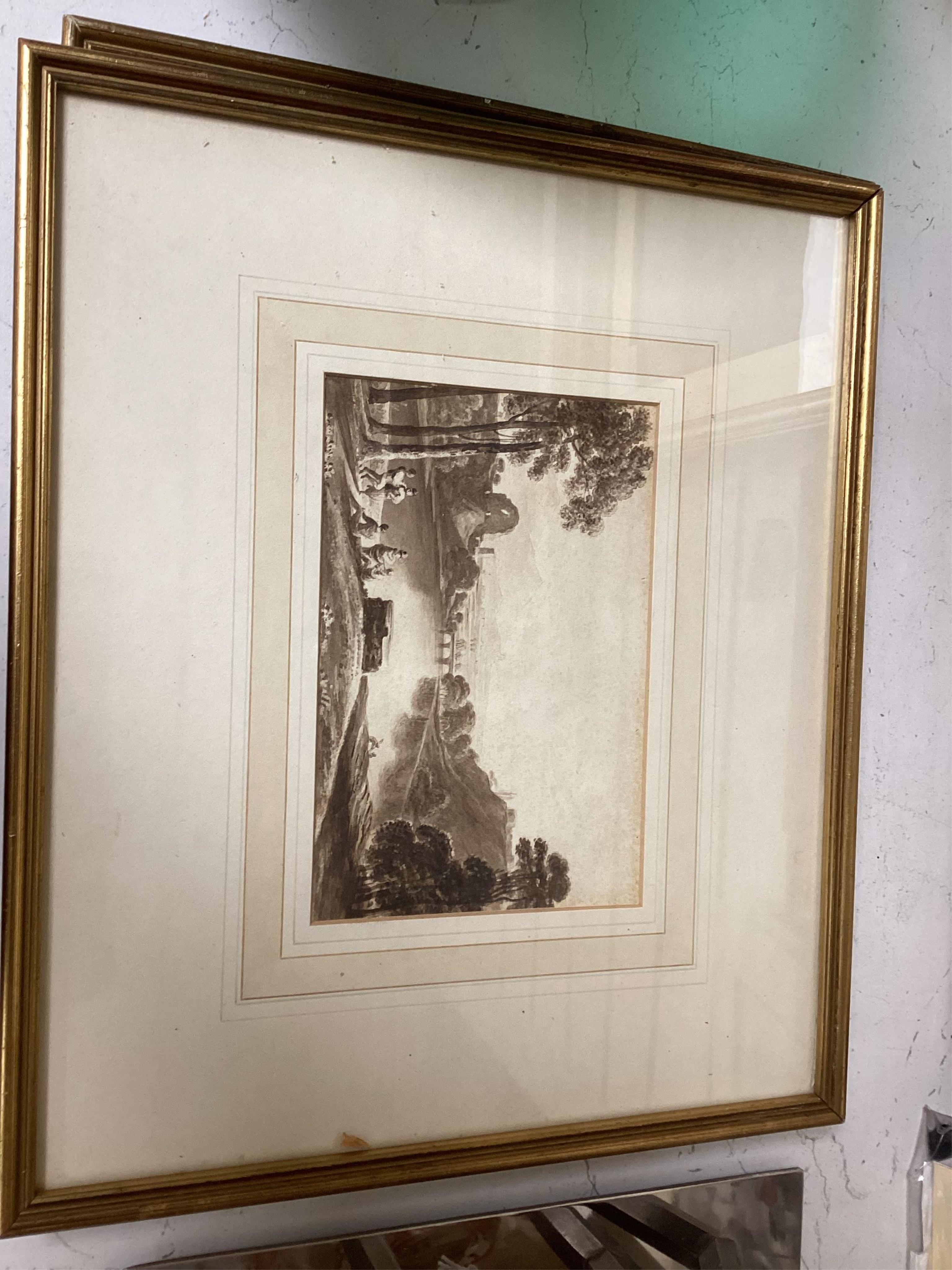 Three 19th century monochrome watercolours to include one attributed to John Varley (1778-1842), landscapes, largest 11 x 17cm